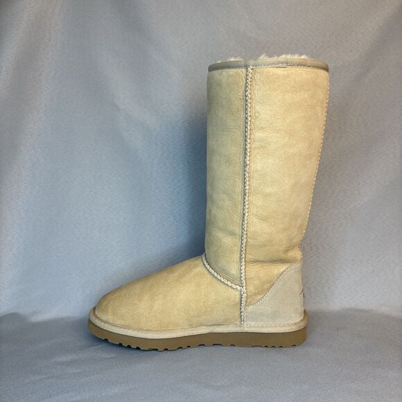 Womens UGG Boots Sz 7 Classic Tall Sand Sheepskin Suede Wool Boho Festival $220 - Picture 3 of 15